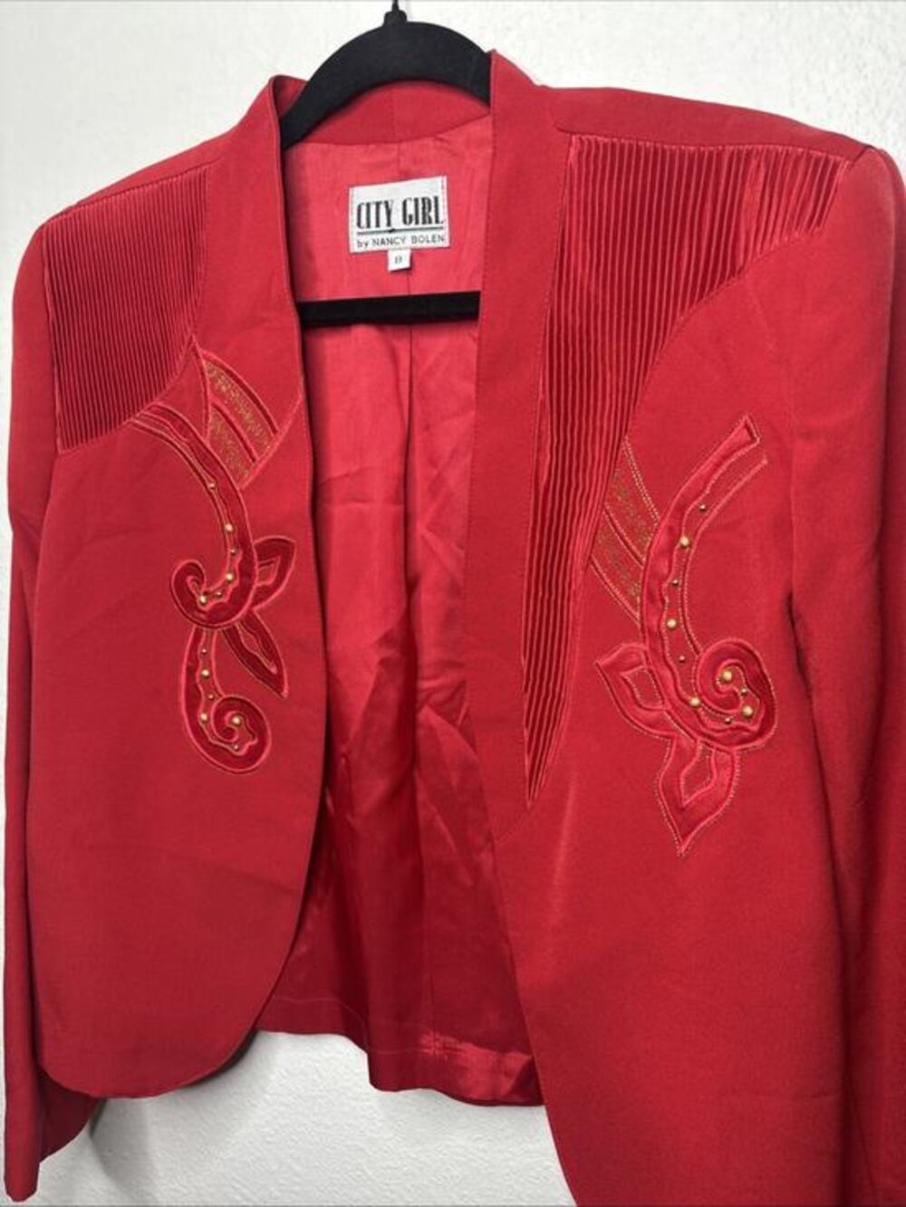 Vtg Nancy Bolen City Girl Embroidered Cropped Blazer Accordion Pleated Sz 8